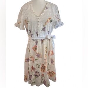 Hummingbird Floral Embroidered Alex Marie White Eyelet Dress Large Lilac Spring